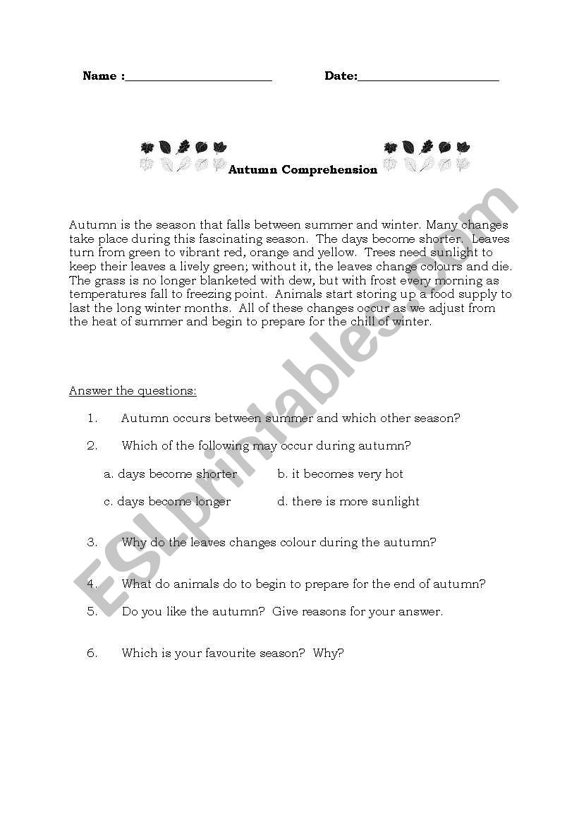 Autumn Comprehension worksheet