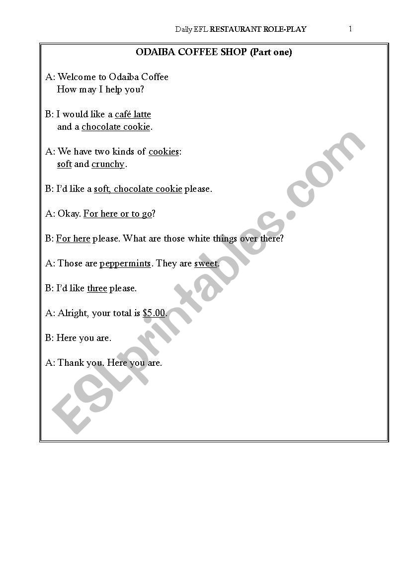 restaurant worksheet