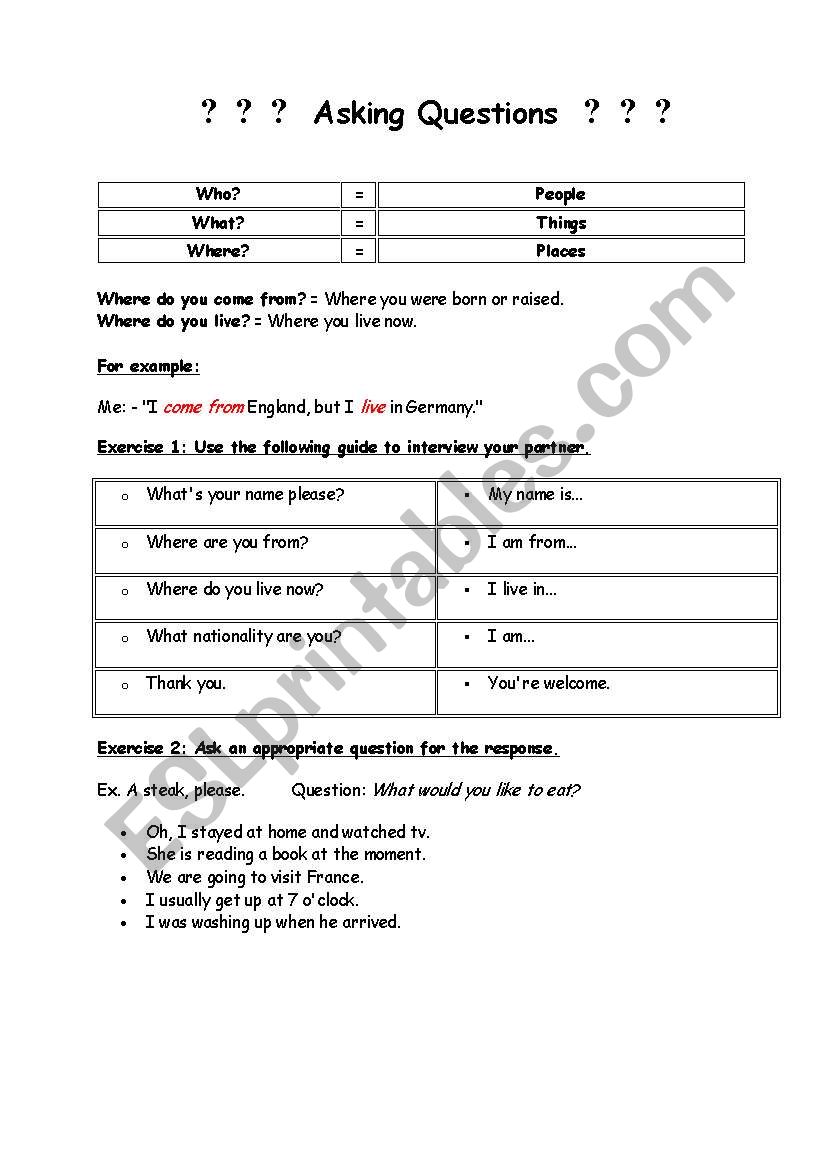 Asking questions worksheet