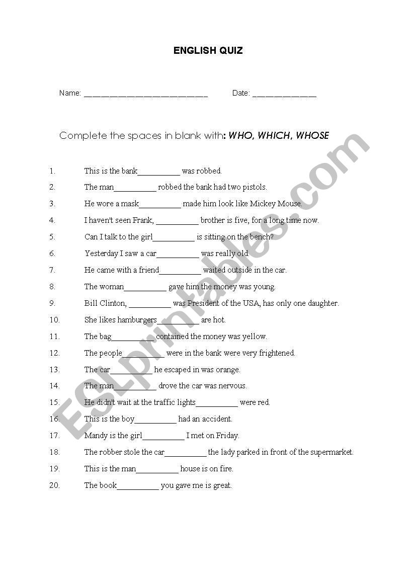 WHO - WHICH - WHOSE worksheet