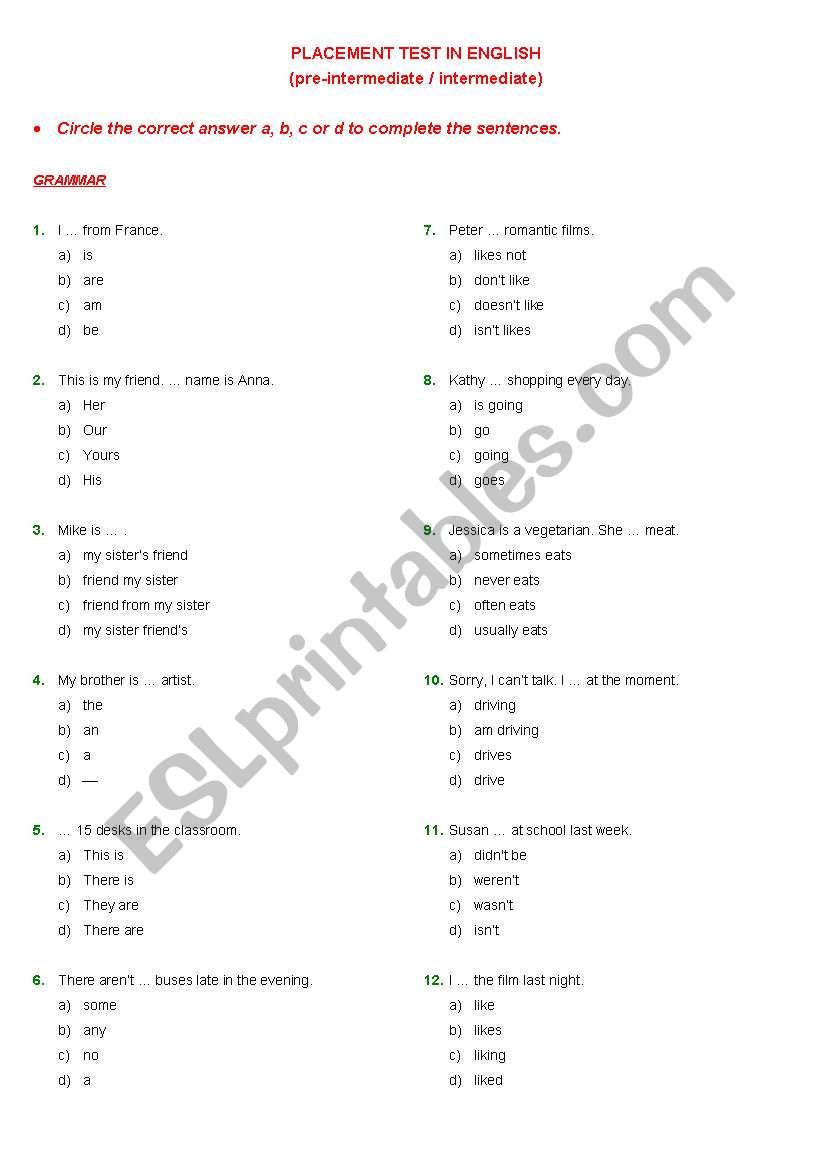 ENGLISH PLACEMENT TEST worksheet