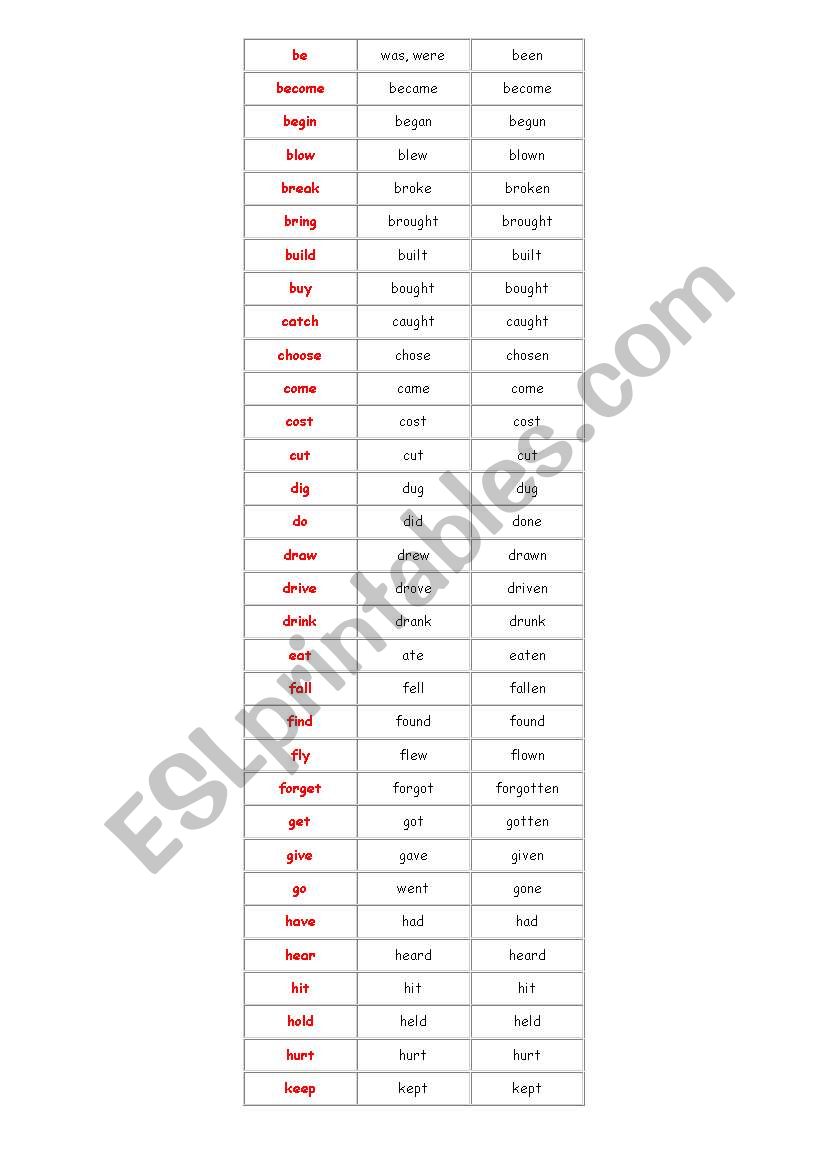 IRREGULAR VERBS ACCORDION worksheet