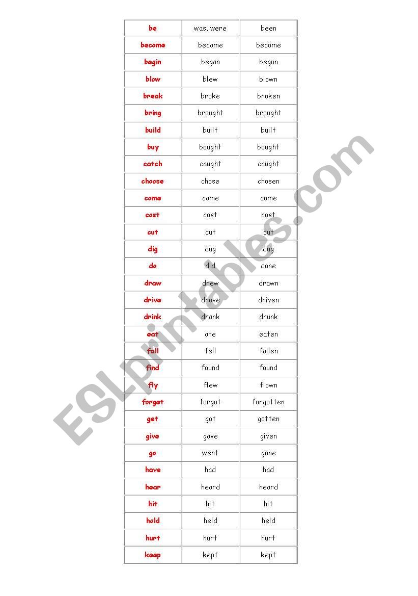 IRREGULAR VERBS ACCORDION worksheet