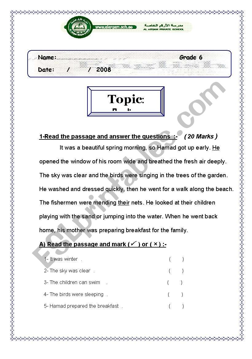 Reading Comprehension worksheet