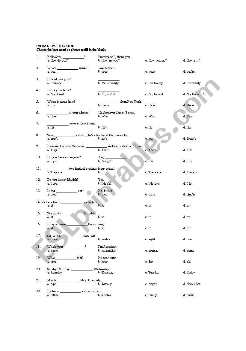 test worksheet