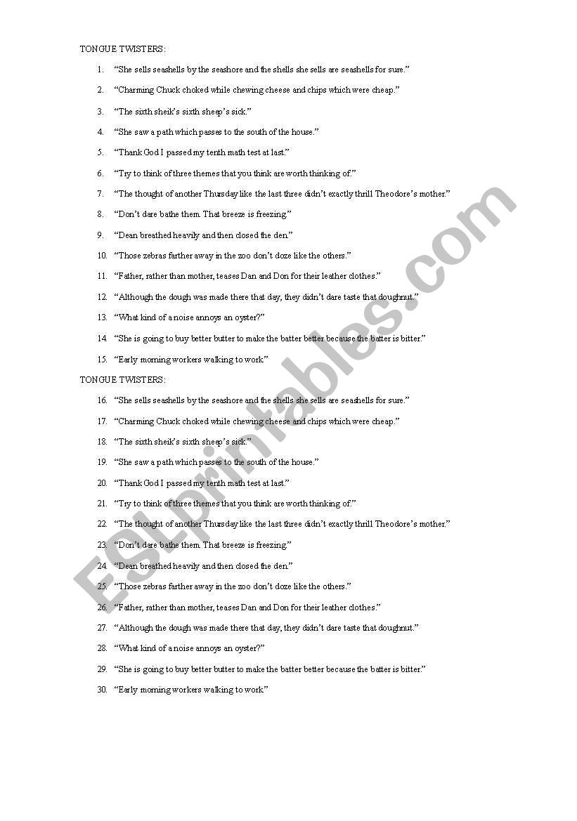 tongue twisters worksheet