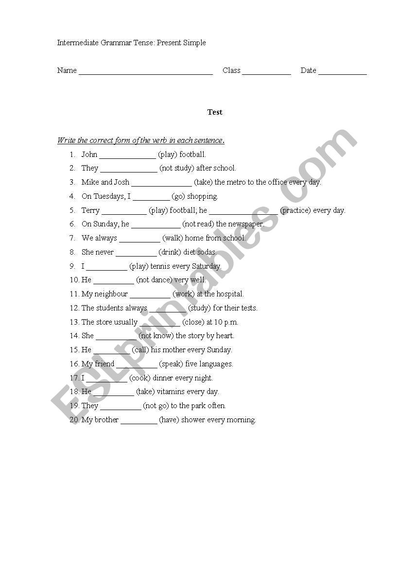 Present Simple test worksheet