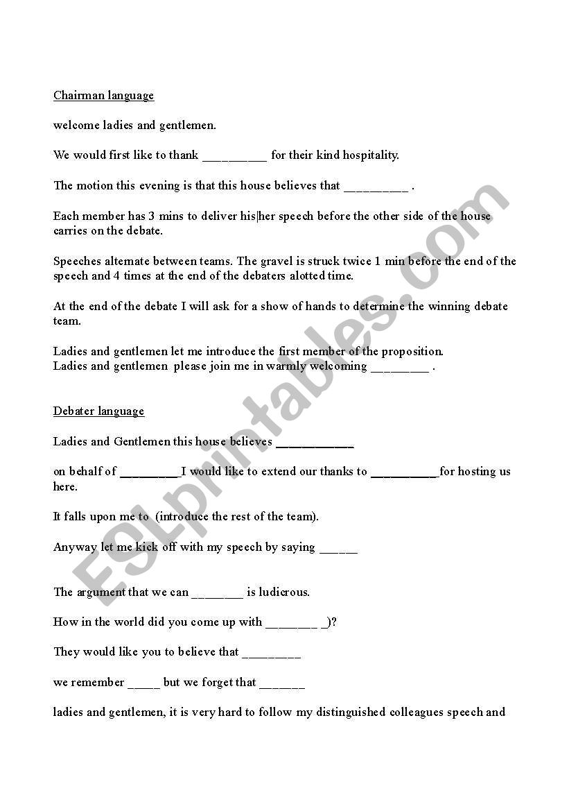 debate summary language worksheet