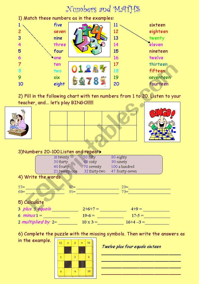 NUMBERS AND MATHS worksheet