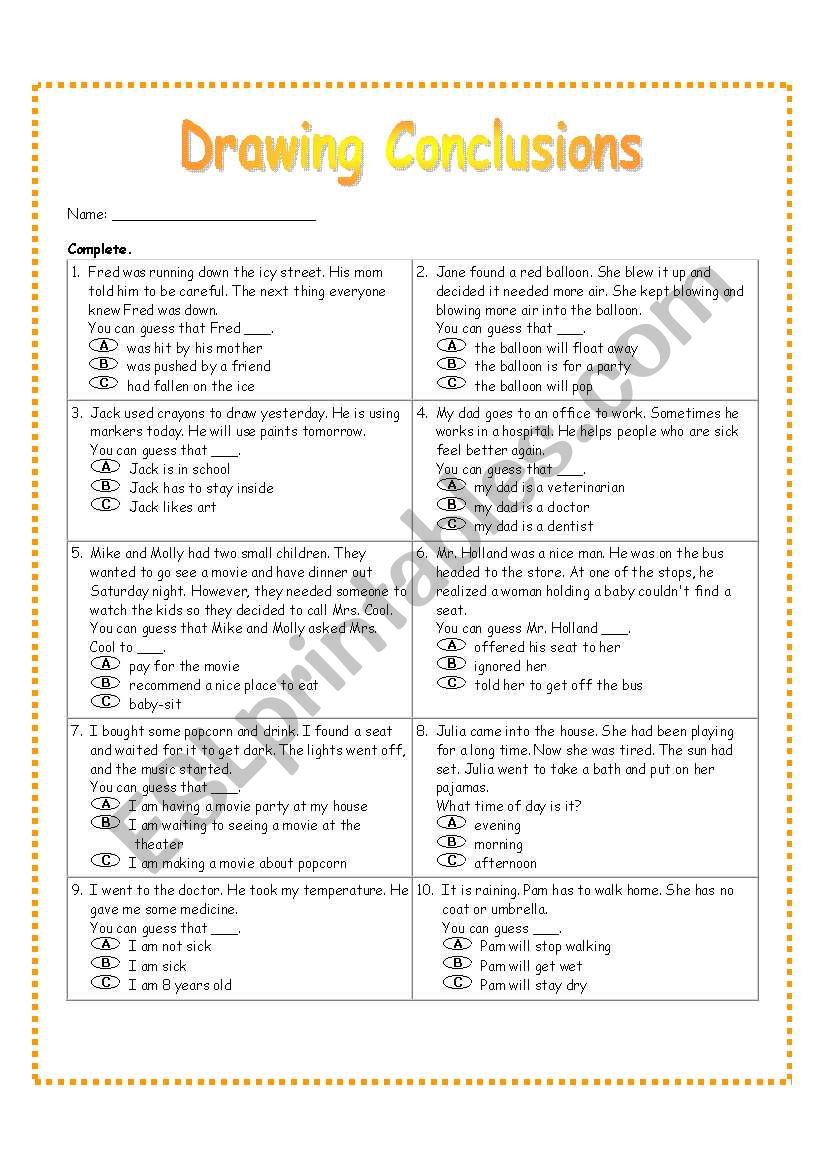 Drawing Conclusions ESL Worksheet By Dreidteacher