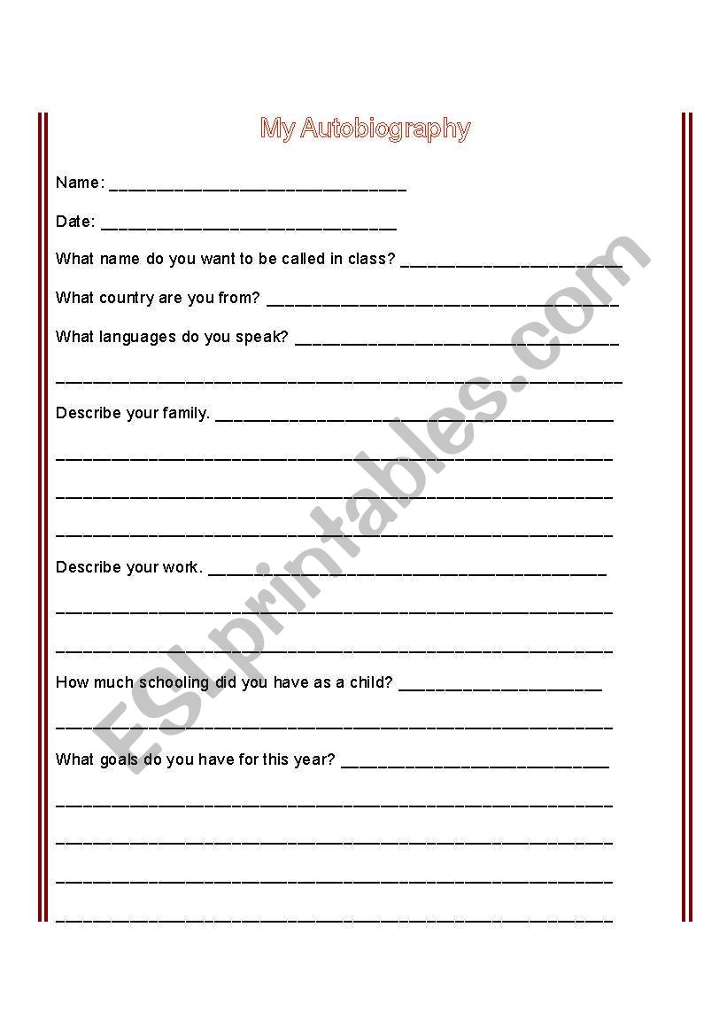 my autobiography worksheet