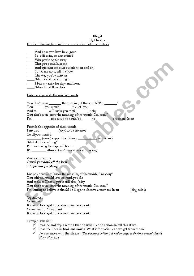Illegal Song worksheet