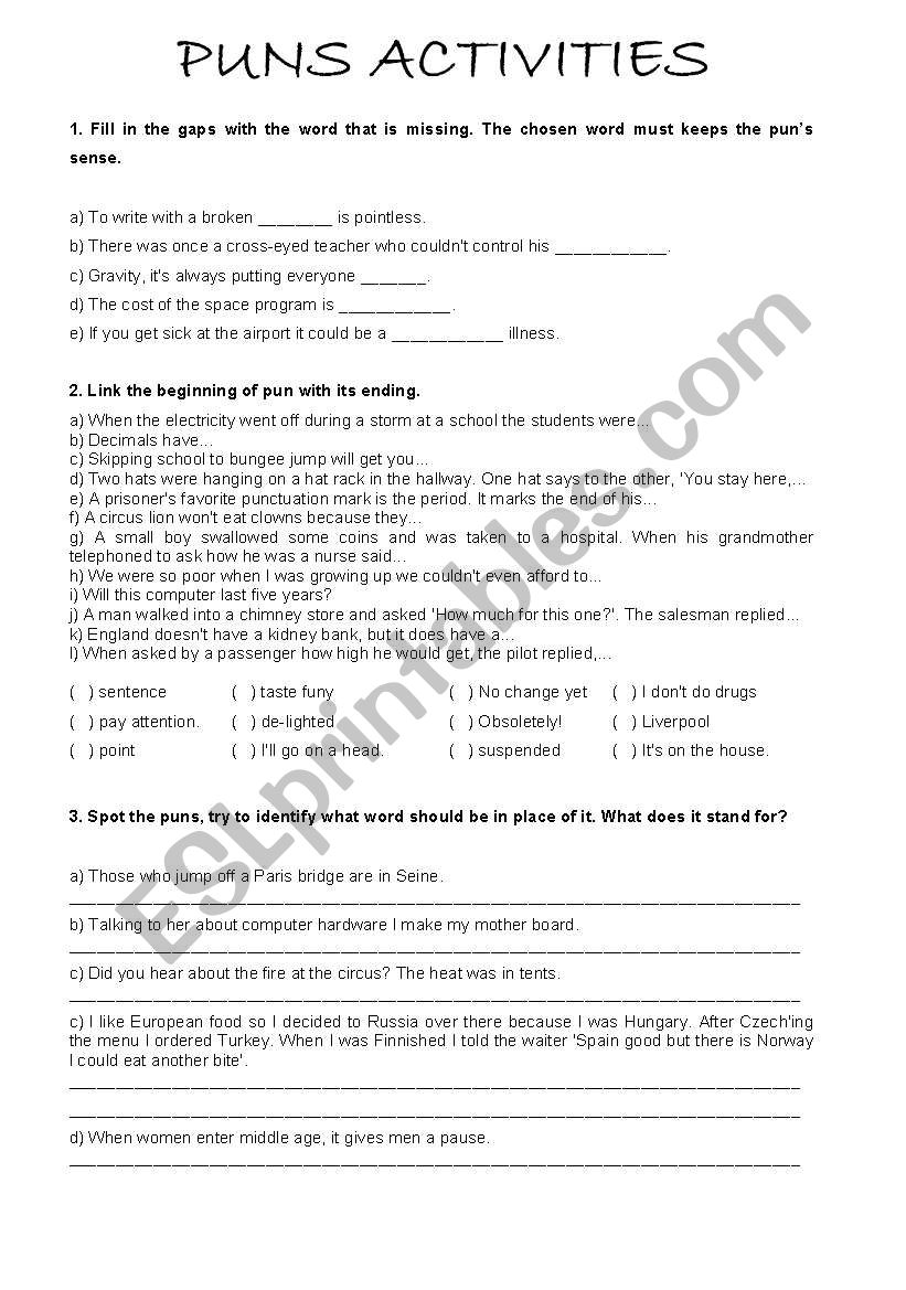 Puns Activities - Worksheet worksheet