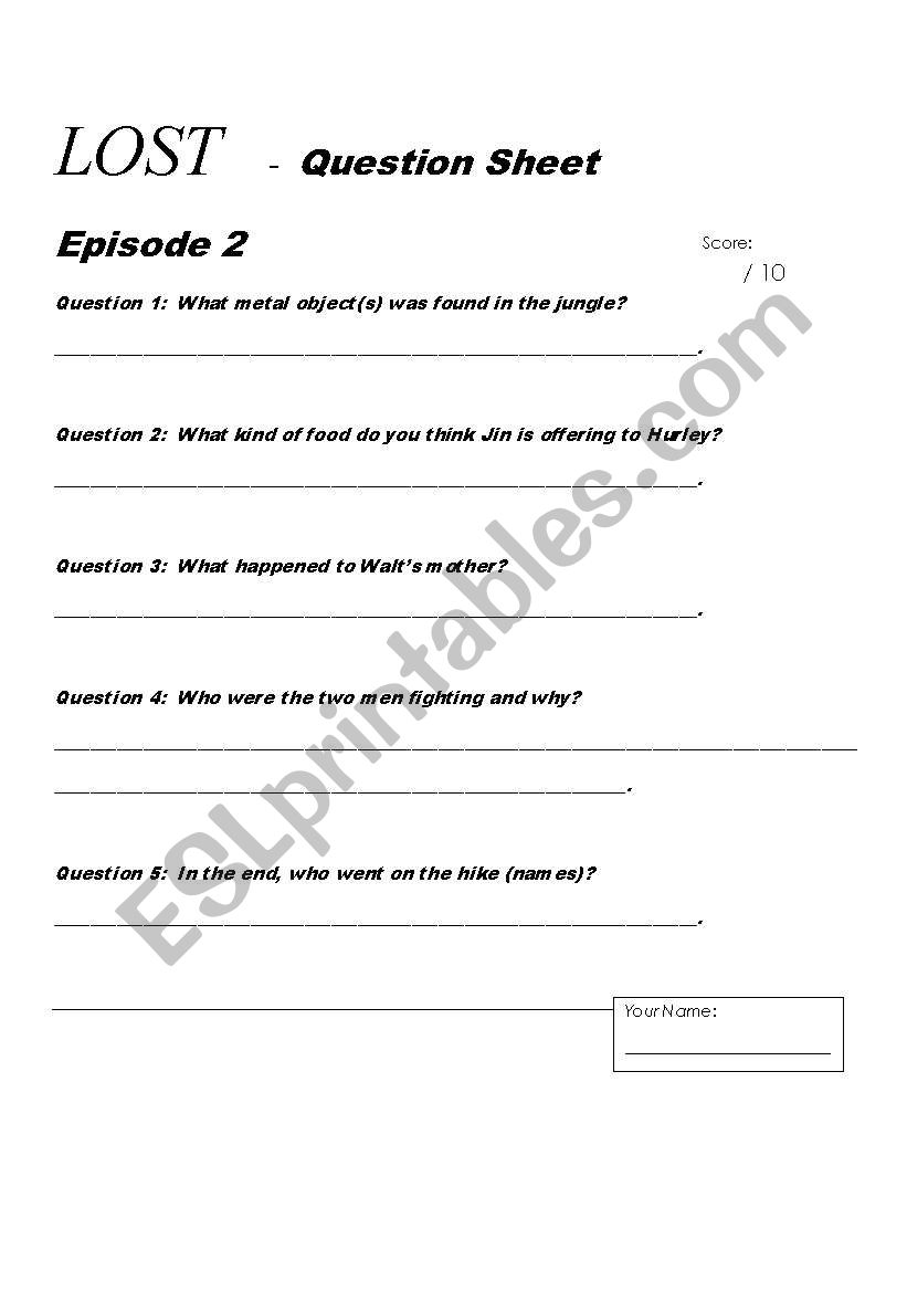 Lost - Worksheet - Episode 2 worksheet