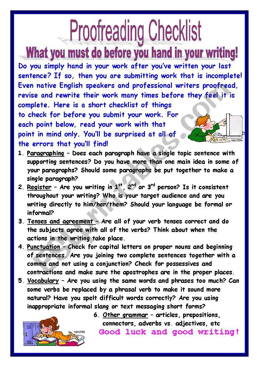 Proofreading checklist worksheet