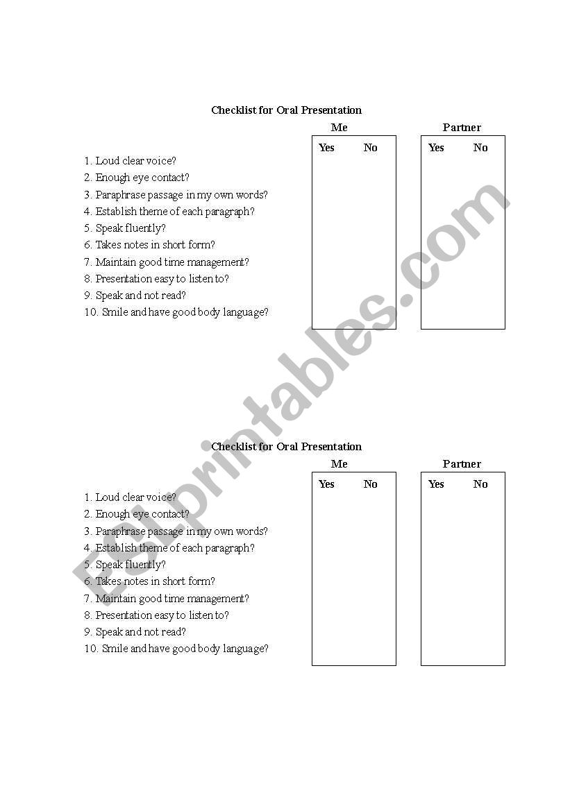 Oral presentation checklist worksheet