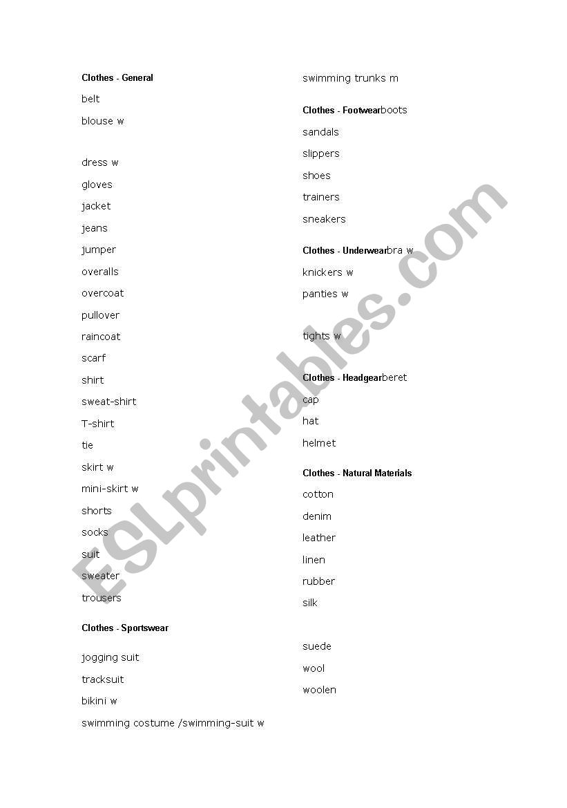 Clothes worksheet