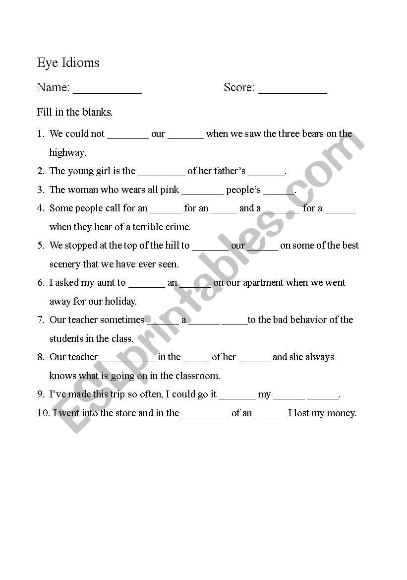 eye idioms worksheet