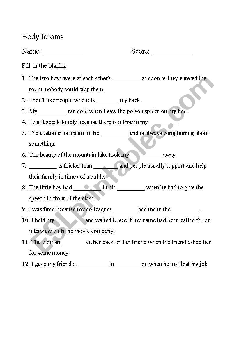 Body idioms worksheet