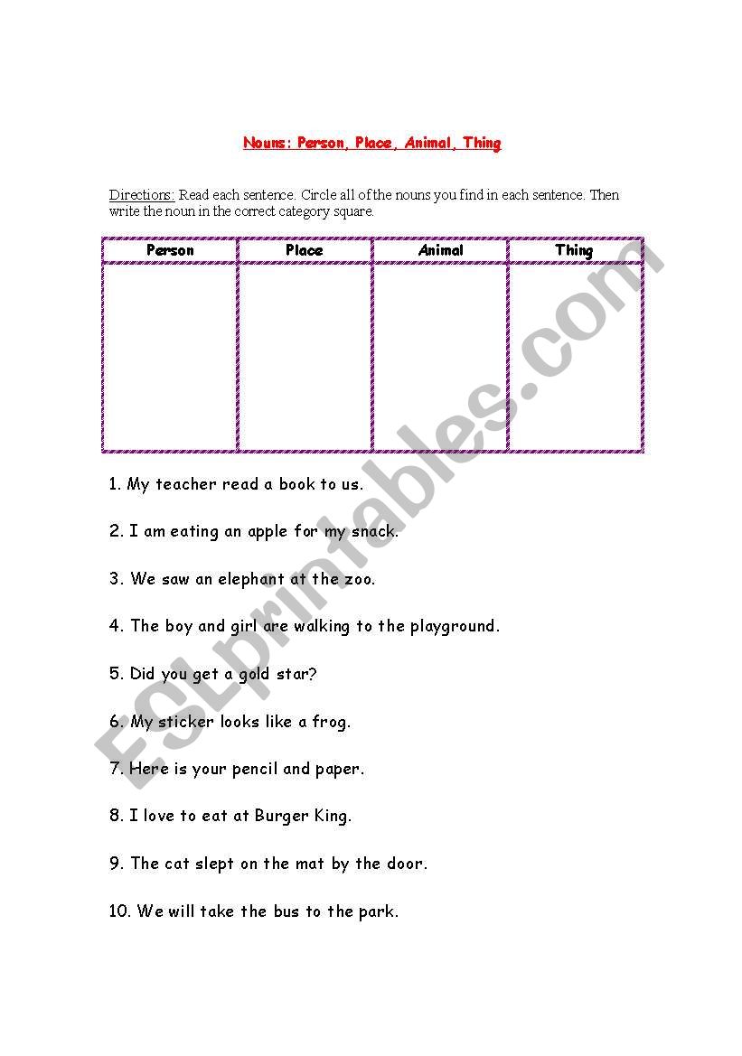 English worksheets: Nouns= Person, Place, Animal, Thing