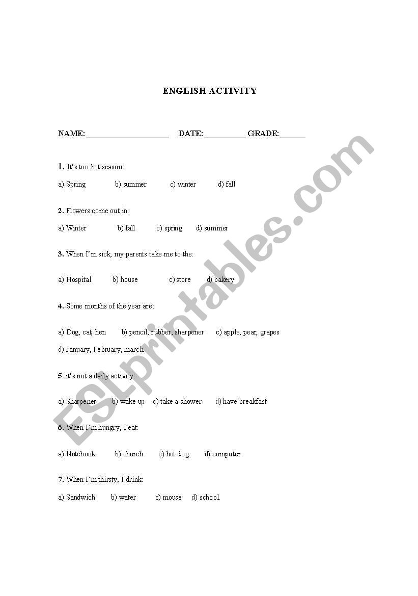 activities worksheet