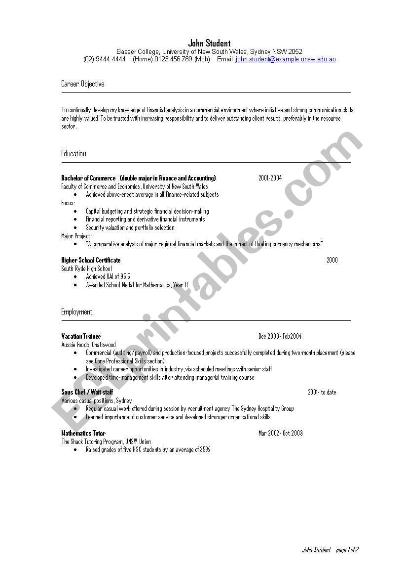 Sample Resume 1 worksheet