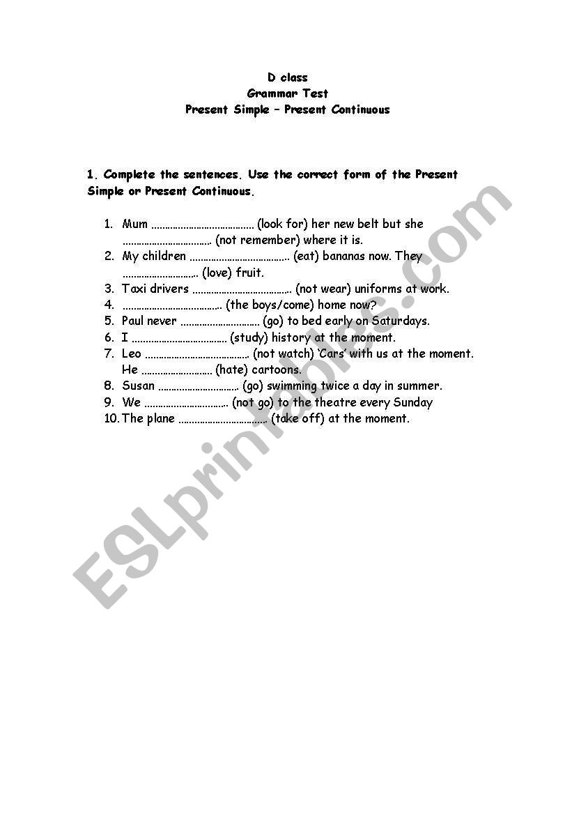 Placement test worksheet