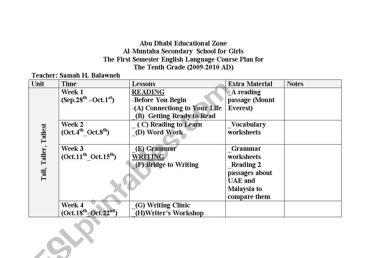 tenth grade plan worksheet