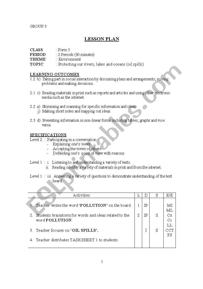 environment lesson plan worksheet