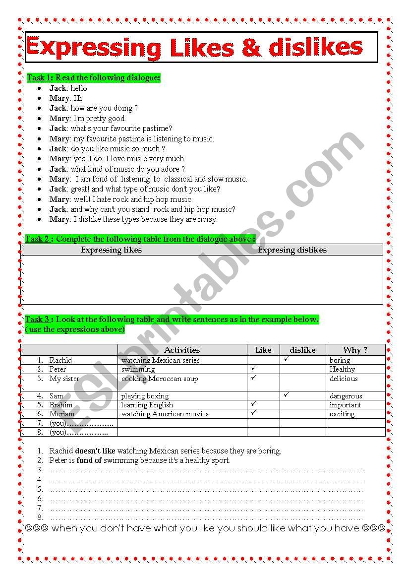 expressing likes & dislikes worksheet