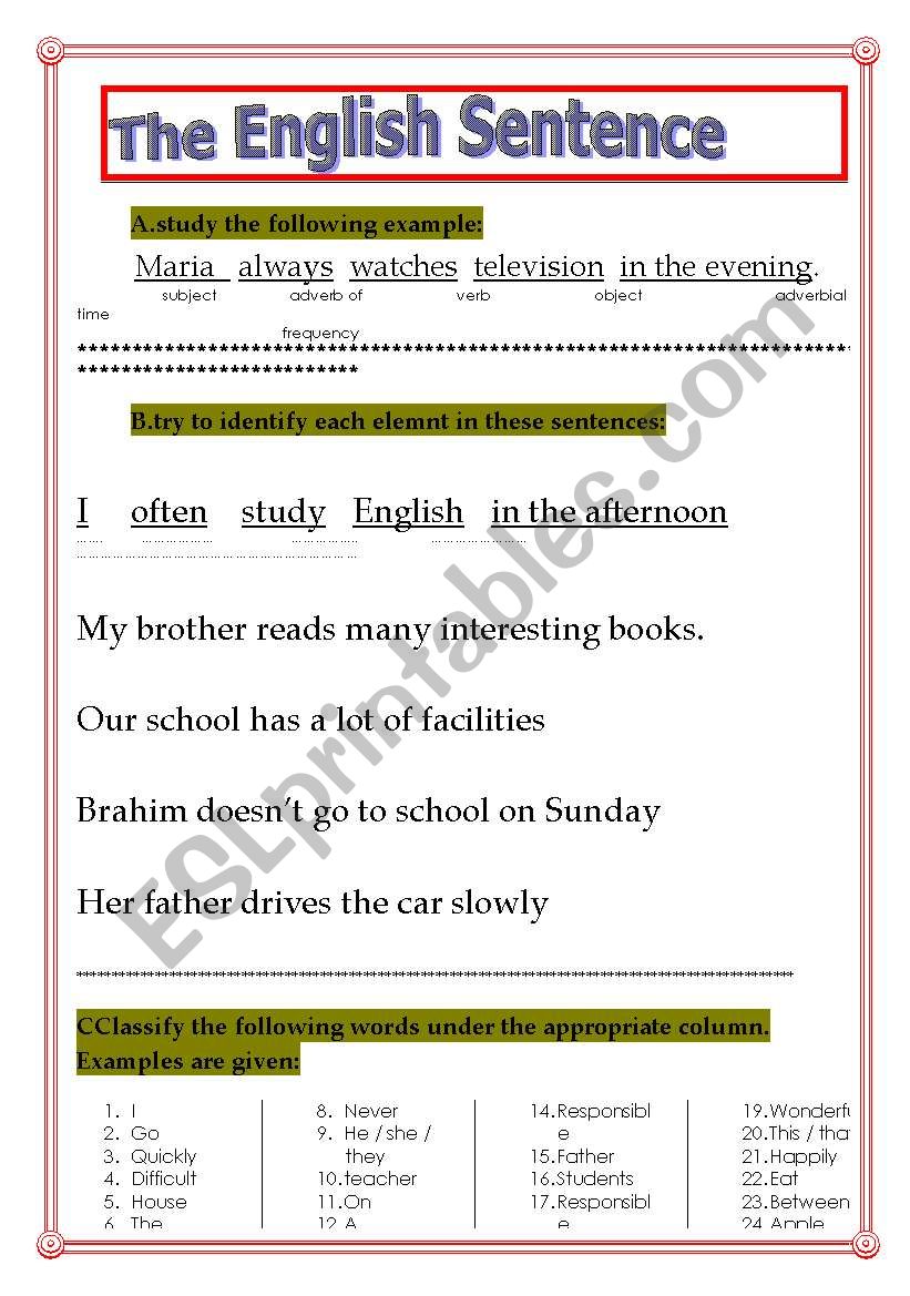 the English sentence worksheet