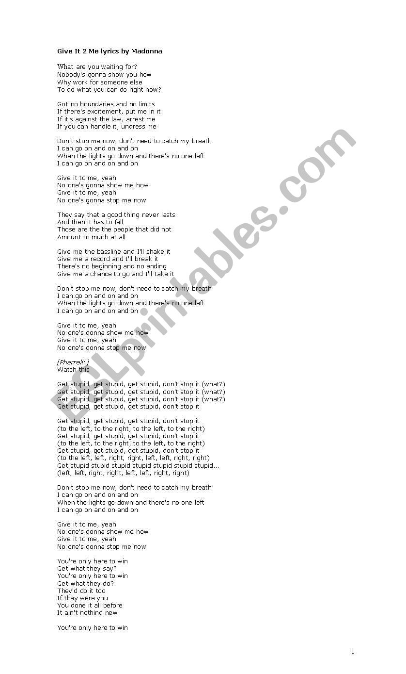 Give it 2 me by MADONNA worksheet