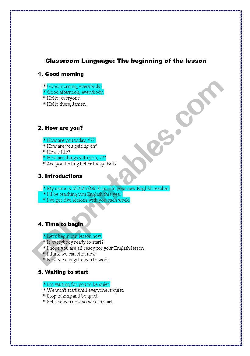 Classroom language  esl worksheet