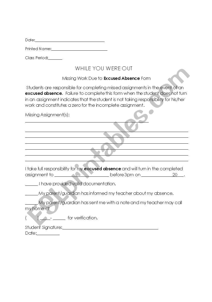 Missing Assignment Form worksheet