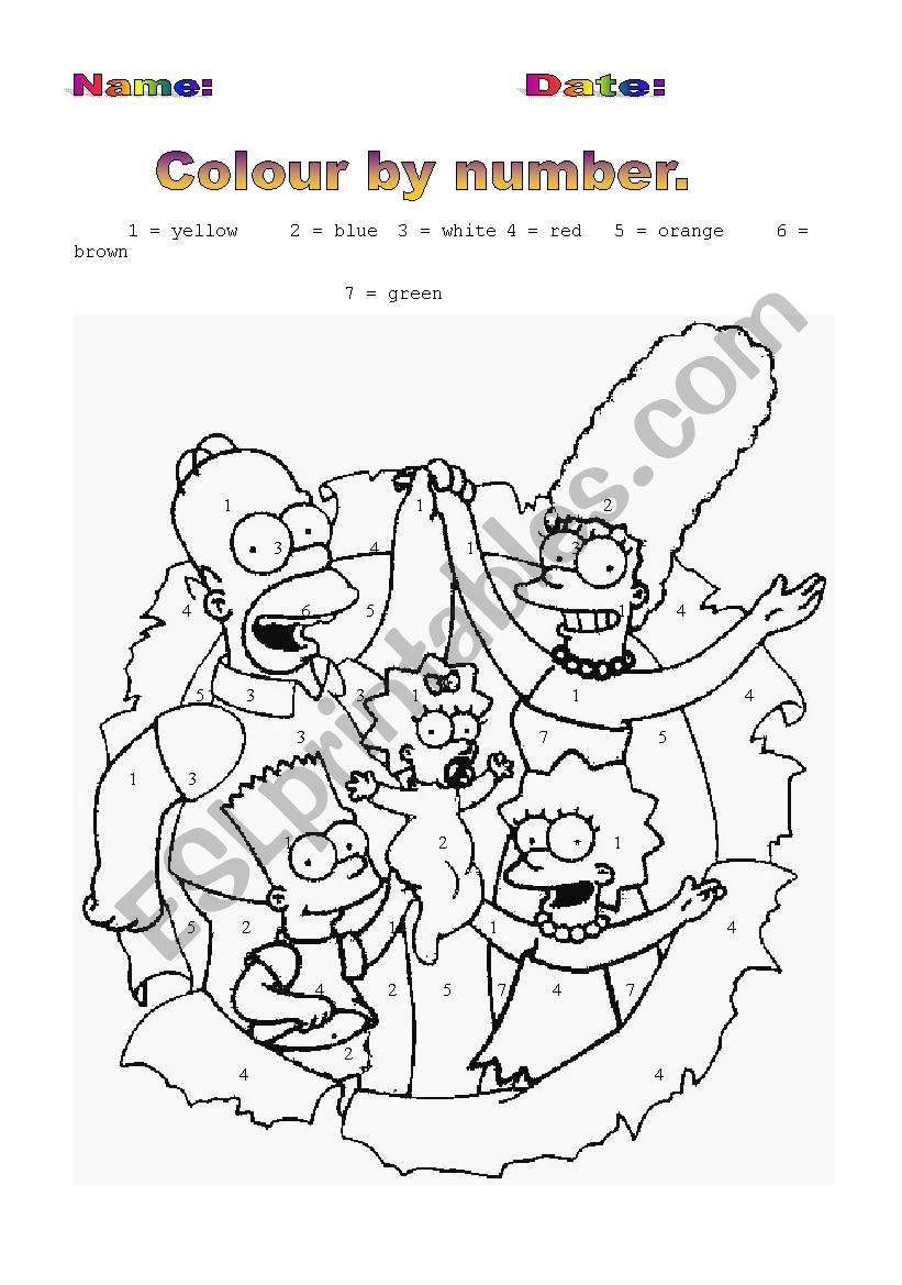 Colour the Simpson by numbers worksheet