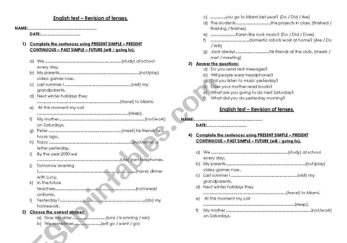 Tenses worksheet