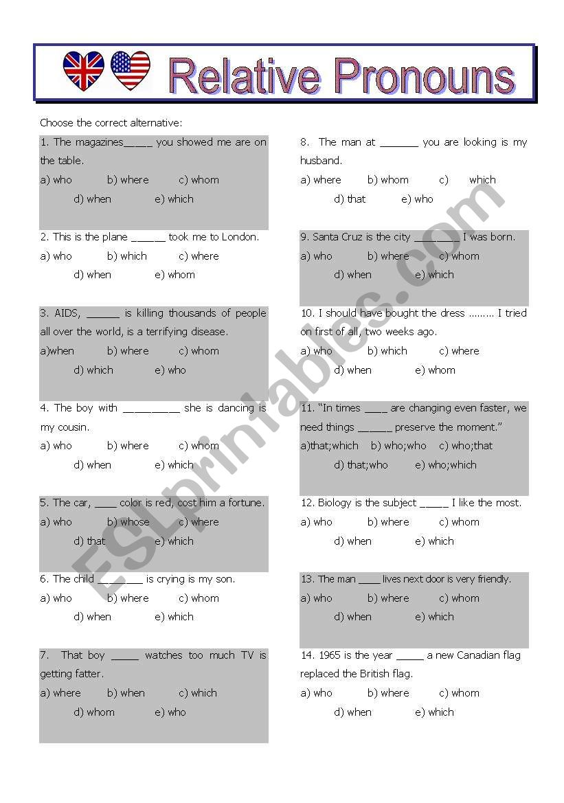 relative pronouns test worksheet