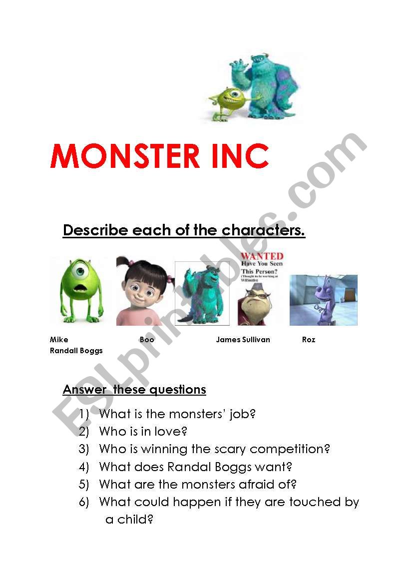 MONSTER INC worksheet