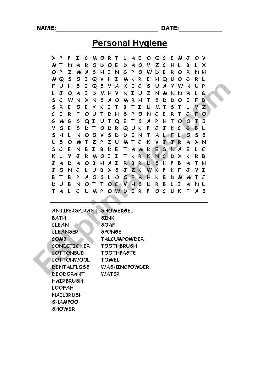 Personal Hygiene Wordsearch worksheet