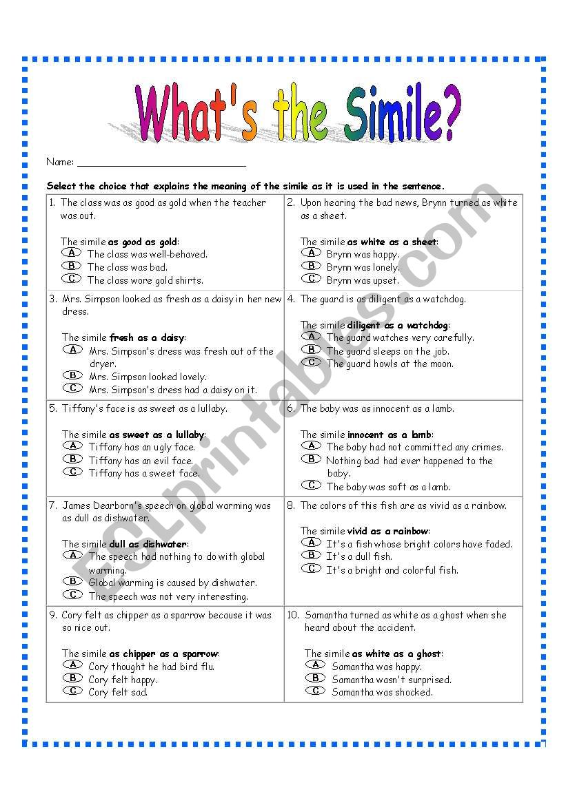 Simile Worksheet #3 worksheet