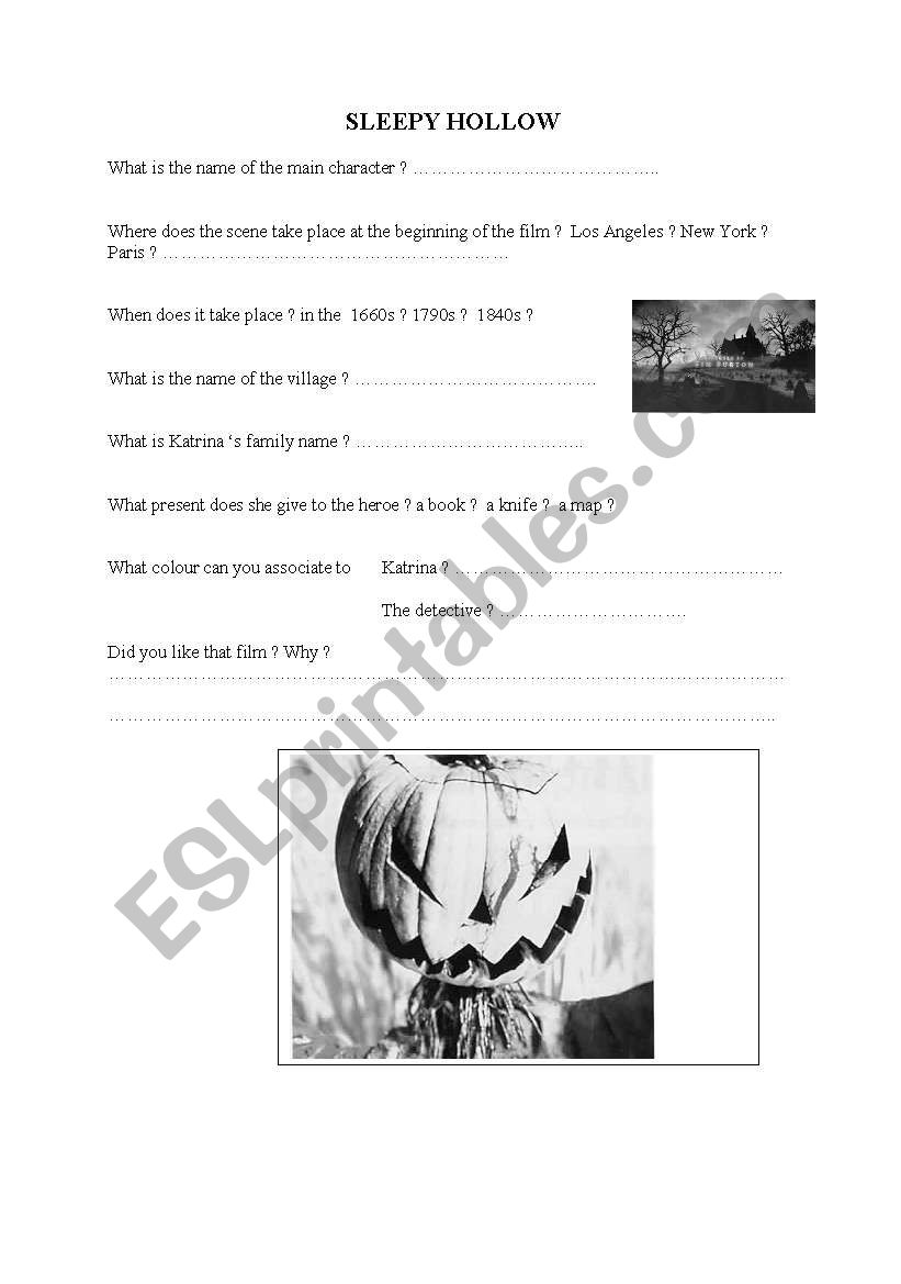 worksheet on  film : sleepy hollow