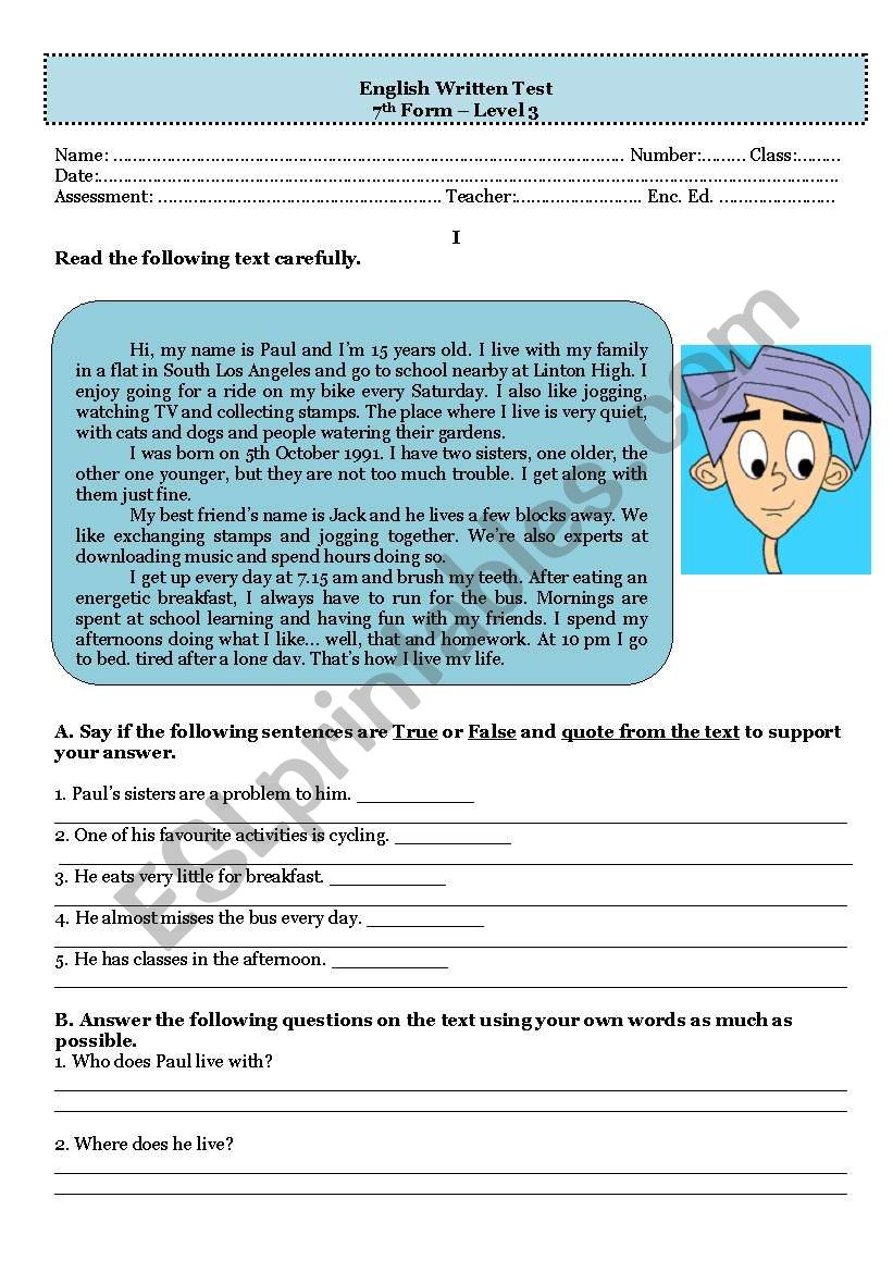 Test - who am I worksheet