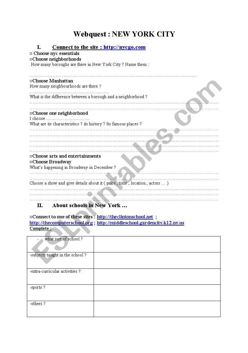 A web quest on new York City worksheet