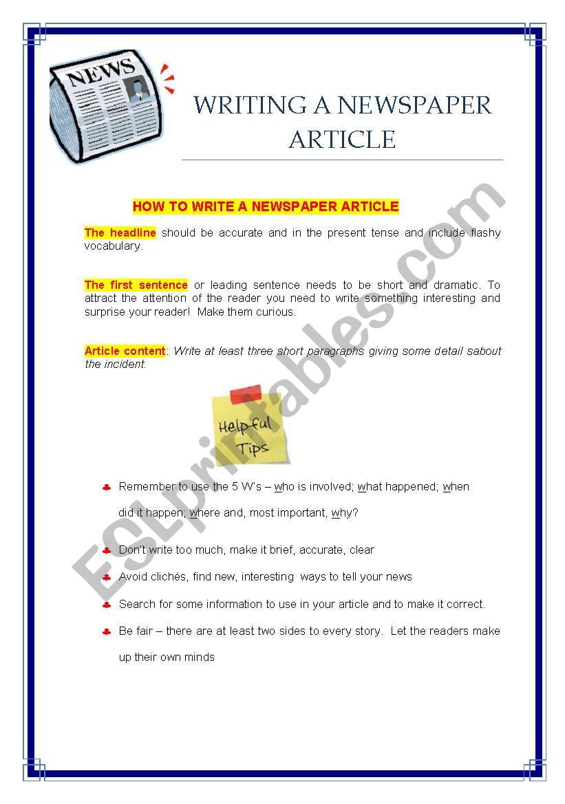 writing a newspaper article worksheet