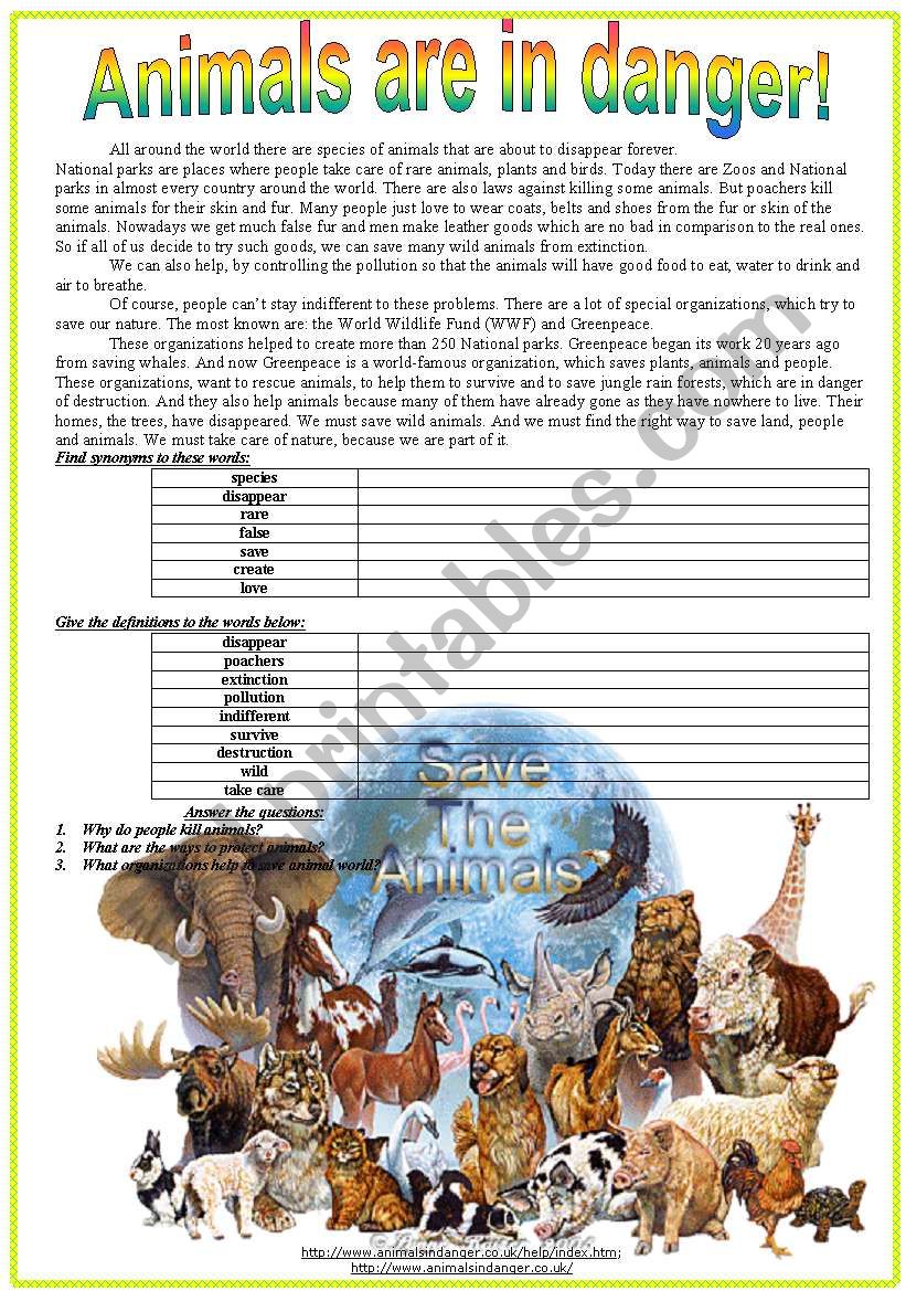 Animals are in danger worksheet