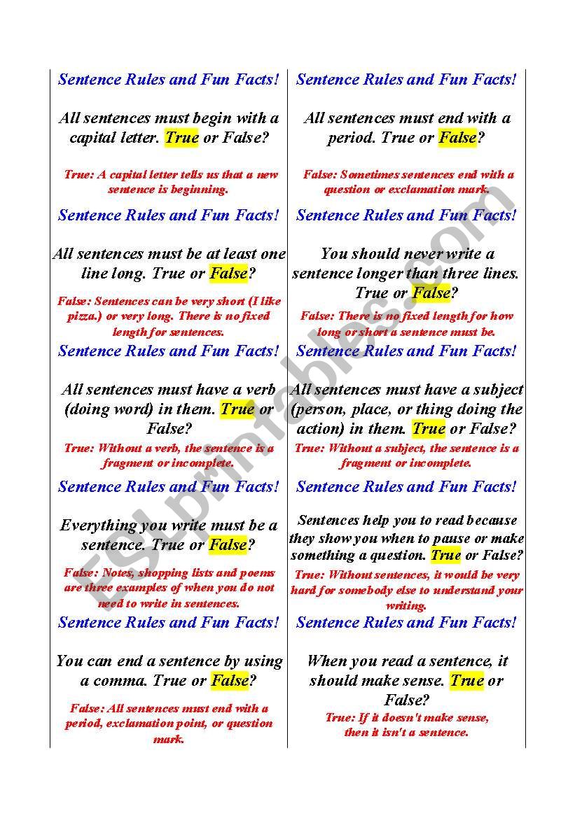  Sentence Rules and Fun Fact Cards