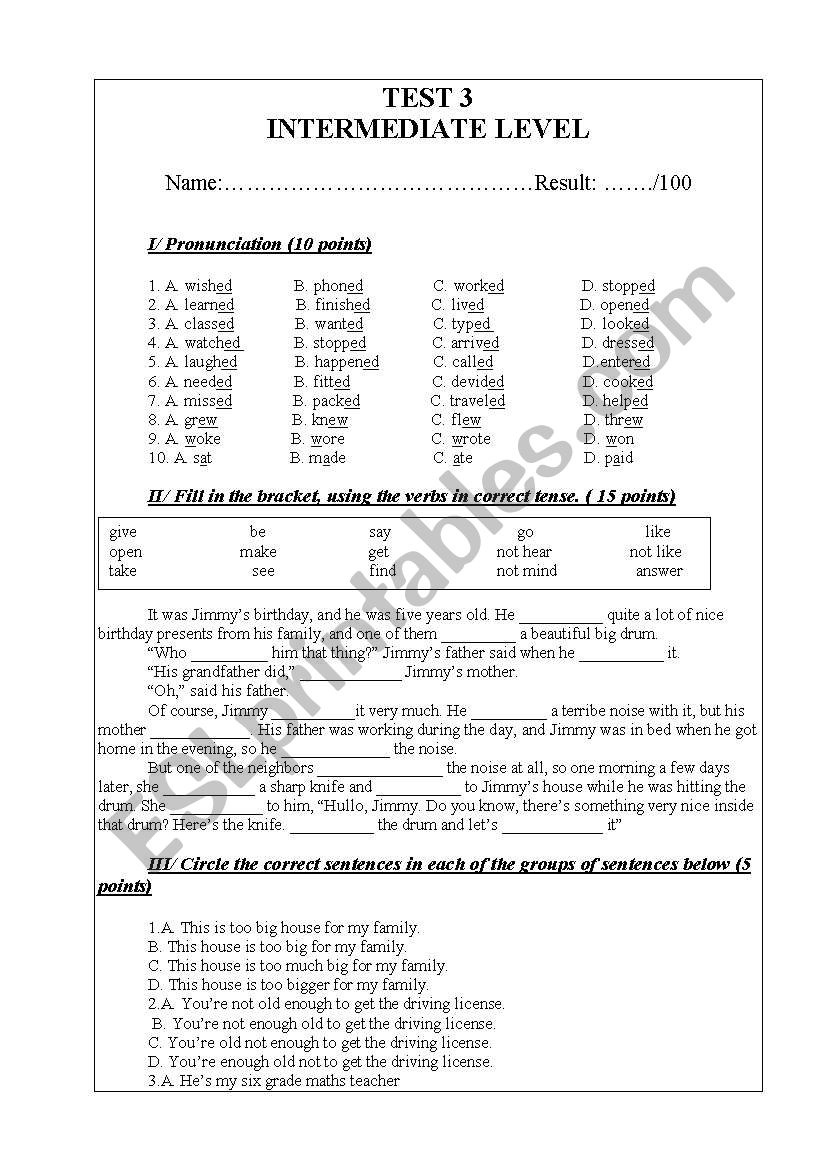 An useful intermediate level test ( practise grammar, structure, pronunciation, vocabulary ...)