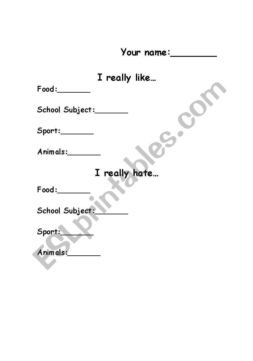 Likes/Dislikes worksheet