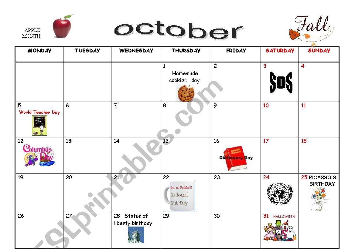 OCTOBER: Special days 2 pages worksheet
