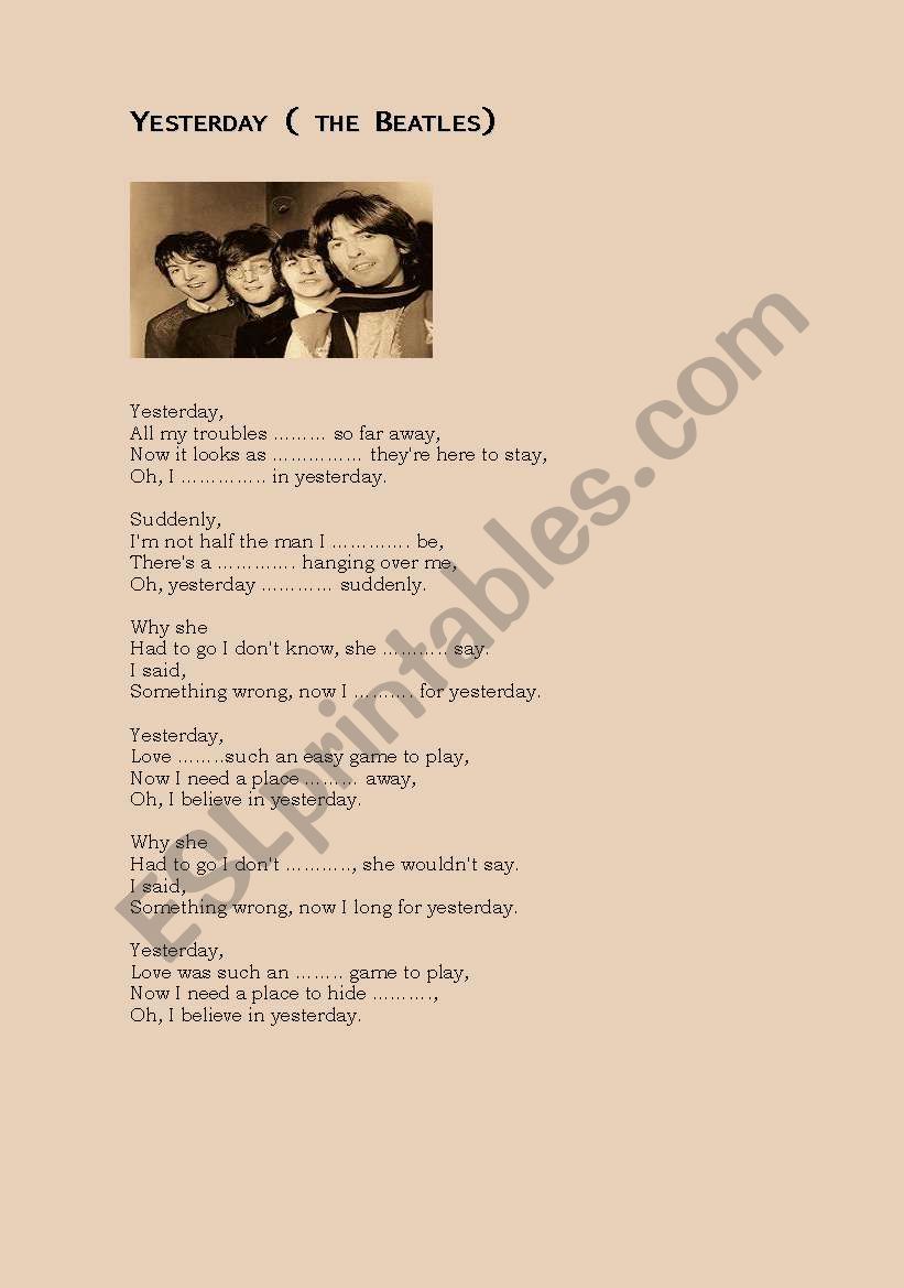 Yesterday (lyrics) worksheet